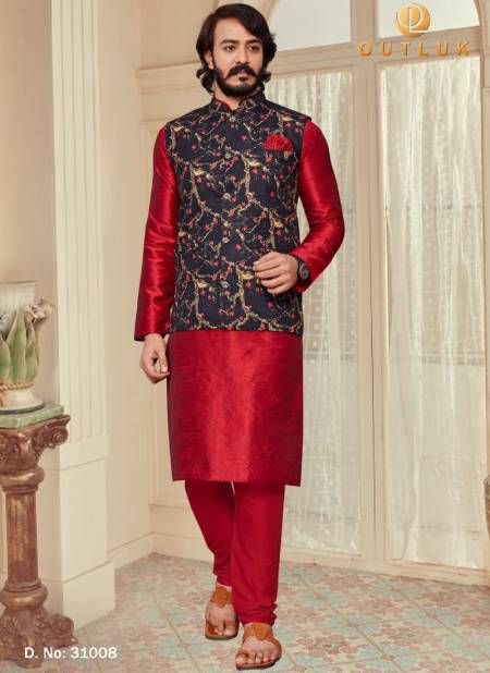 Red And Dark Green Colour Exclusive Festive Wear Digital Art Silk Printed Kurta Pajama With Jacket Mens Collection 31008